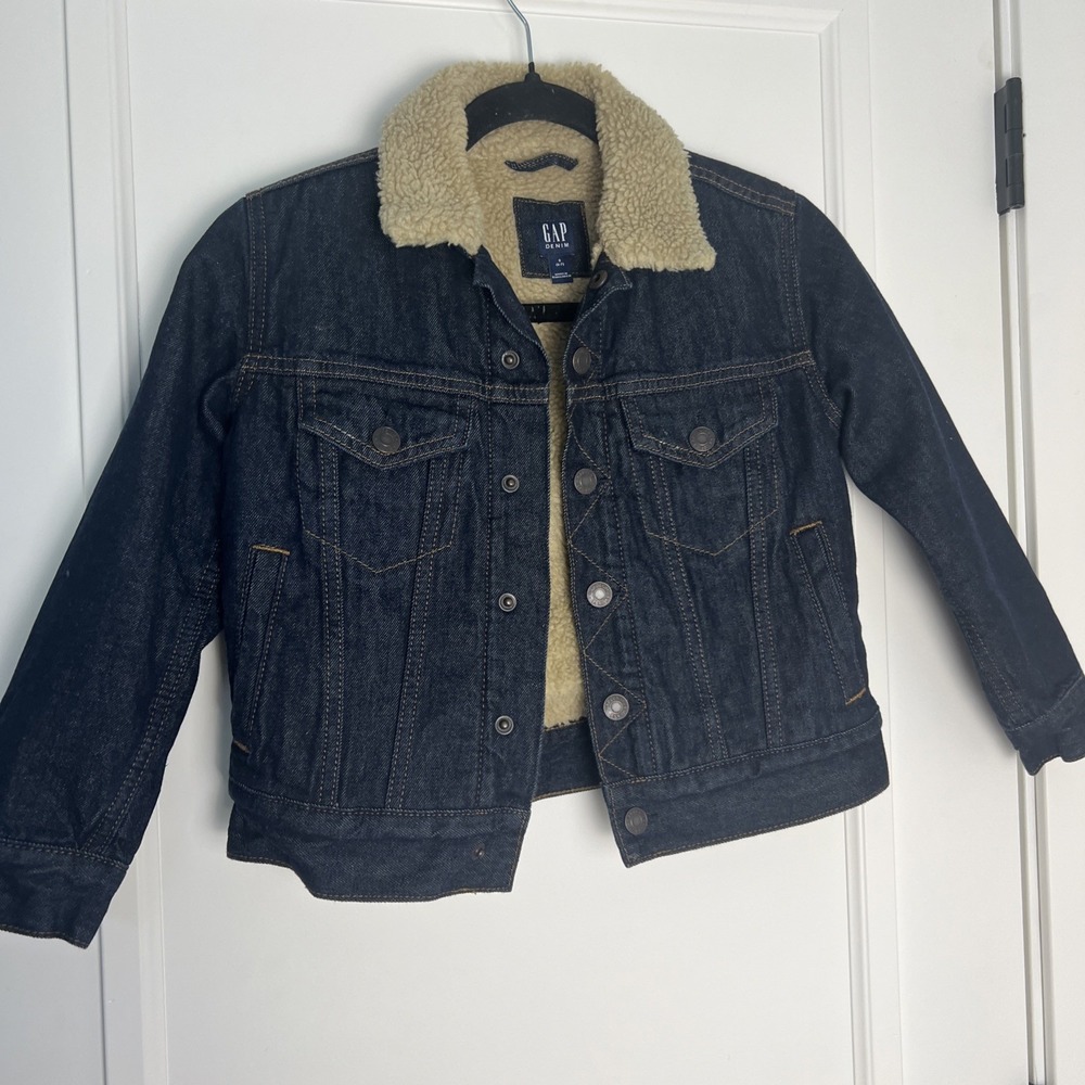Gap Kids Cotton‎ Denim SHERPA Lined Jacket Size Youth S (6-7) Pockets, Snaps